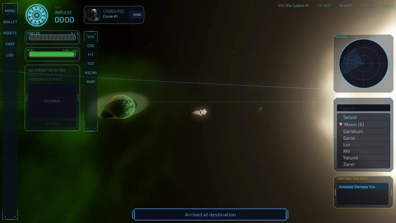 Ship HUD view of a ringed planet and a moon wrapped in dense green star fog