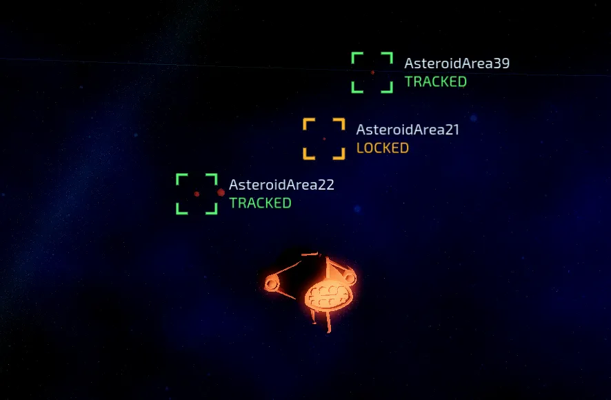 Three asteroid targets marked with green tracked and yellow locked overlays above a waiting ship