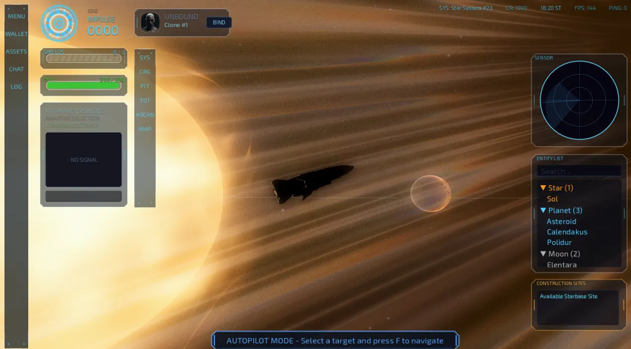 Ship mid-warp with golden light streaks wrapping around the hull as a star and moon stream past