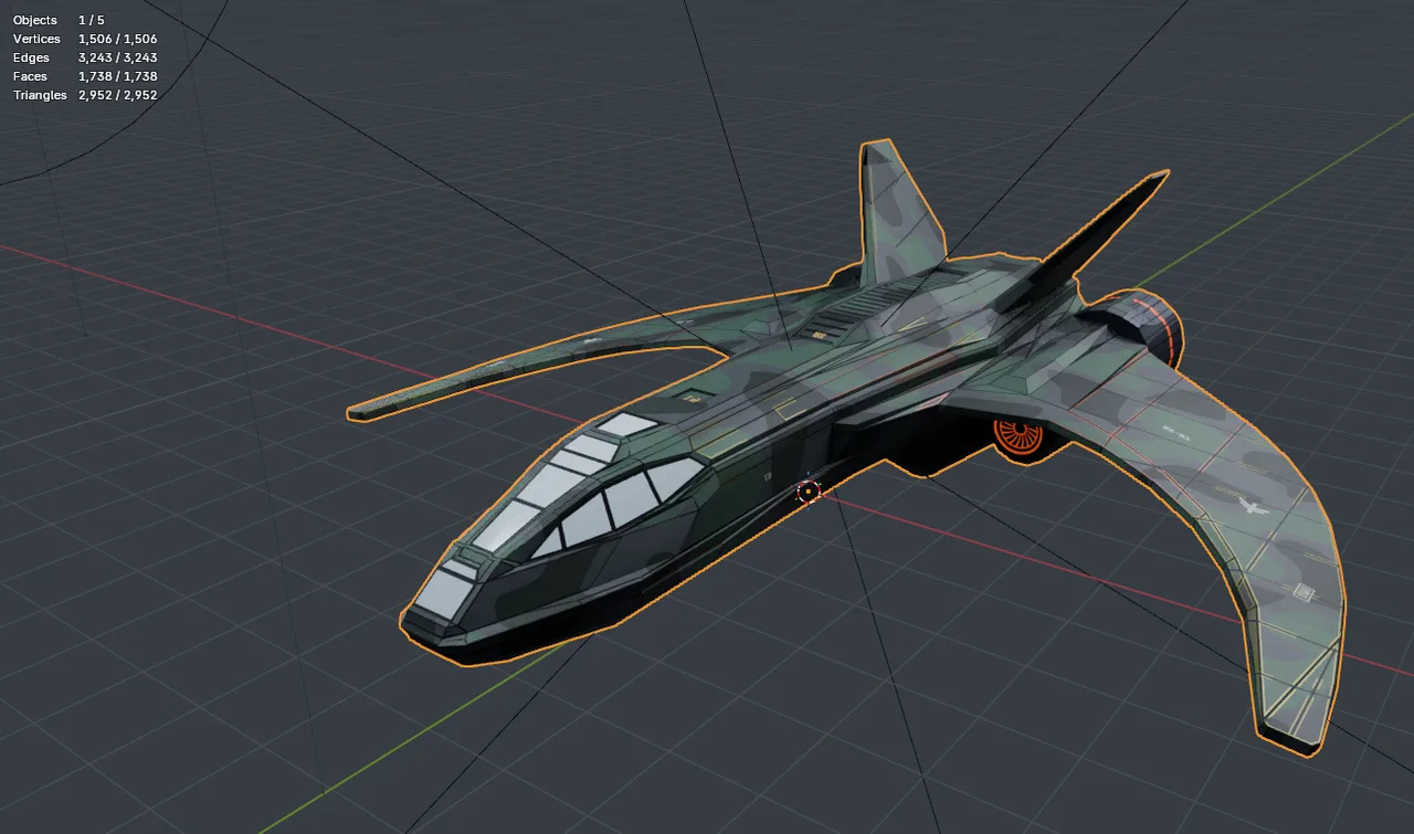 The same fighter wearing a green camo skin with orange engine details