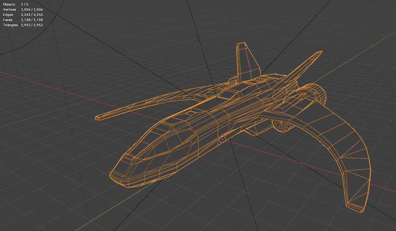Orange wireframe of a fighter ship with a long nose and a large curved wing in Blender
