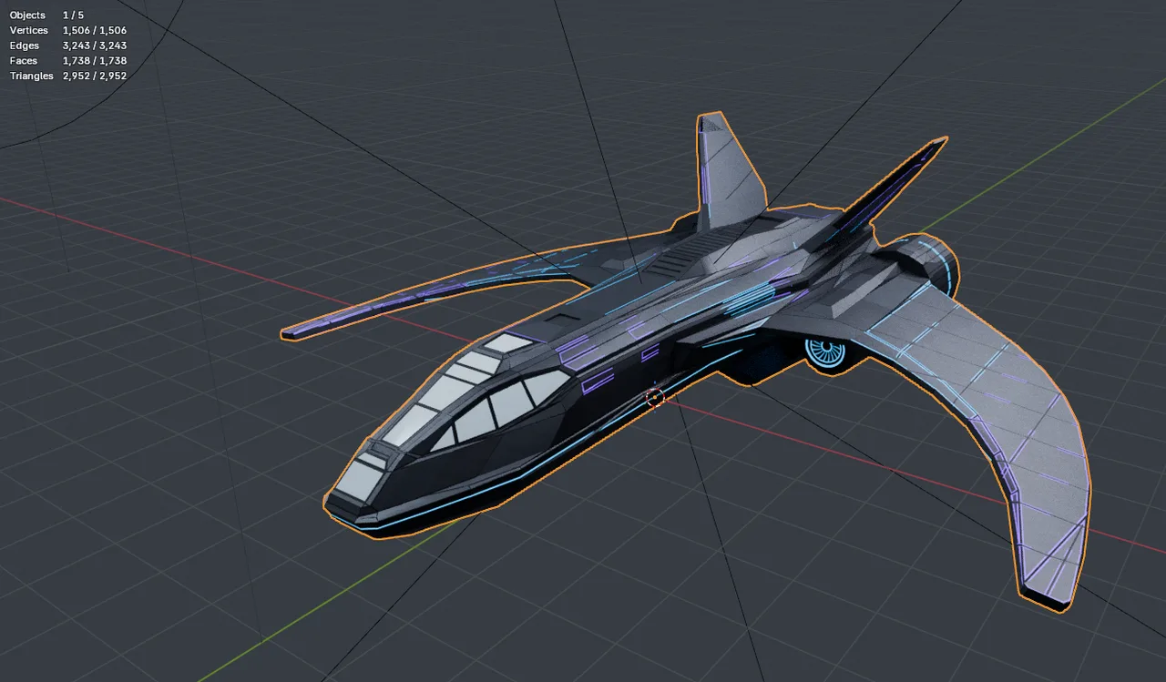 Fighter ship with dark hull and blue and purple glowing trim lines