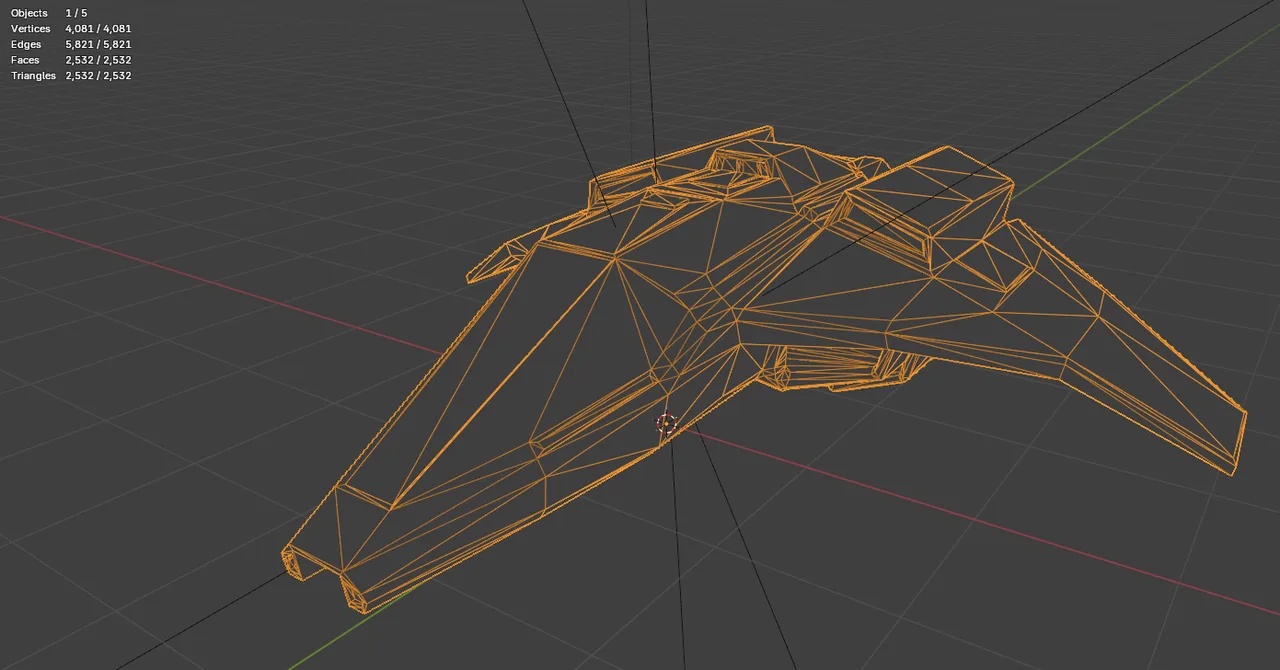 Orange wireframe of a wedge-shaped starter ship in Blender, 2,532 triangles