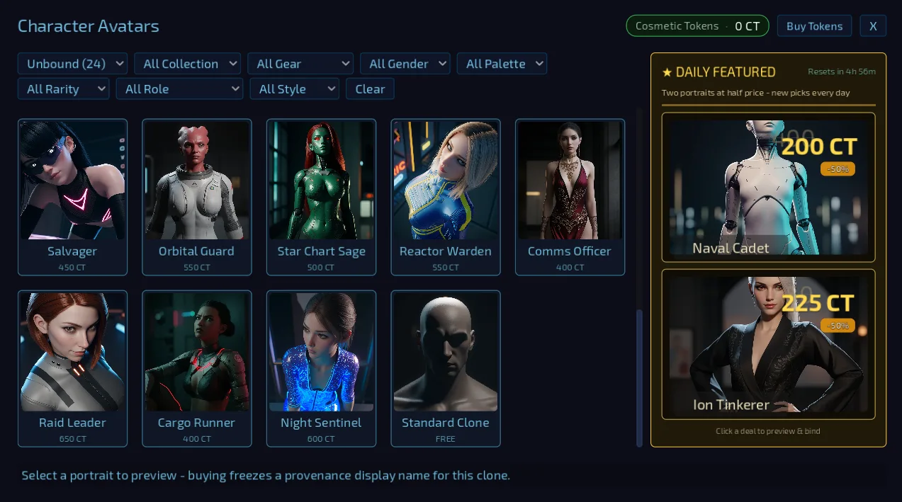 Character avatars shop with cosmetic token prices and a daily featured panel