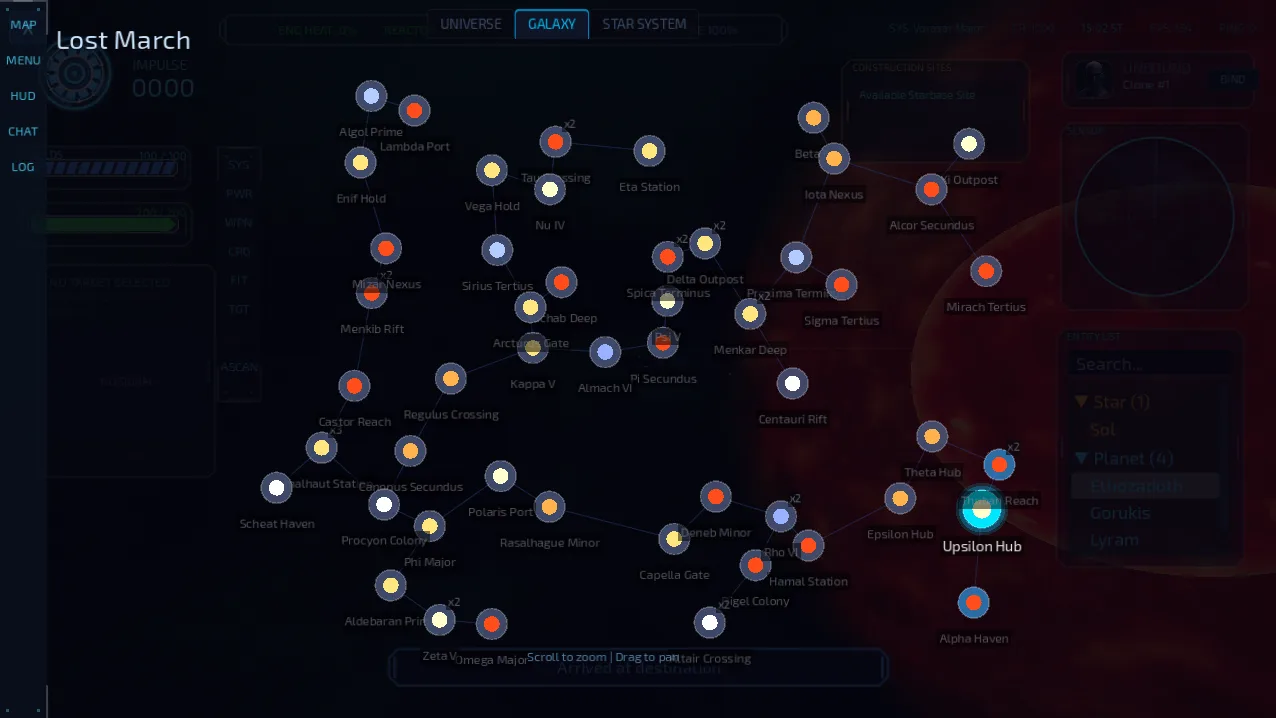 Galaxy map screen showing named star systems connected by warp lanes