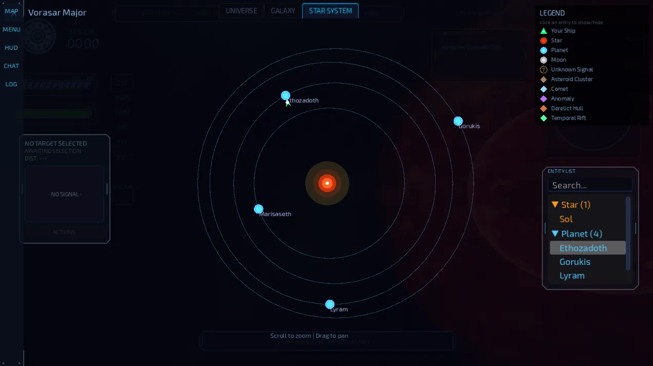 Star system orbital map showing a star with planets on concentric orbits