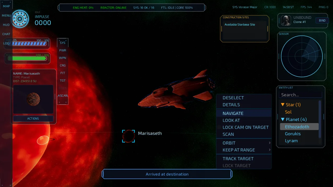 In-game view of a ship near a red star, with HUD panels for shields, hull, sensors and an entity list