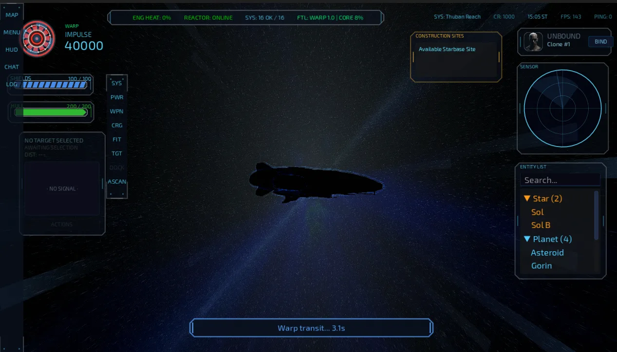 Ship in warp transit with stretched starlight and warp countdown on the HUD